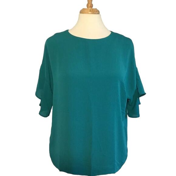 J Jill M/L‎ Wearever Short Flutter Sleeve Teal Green Overlay Blouse Top Tropical - Picture 1 of 9